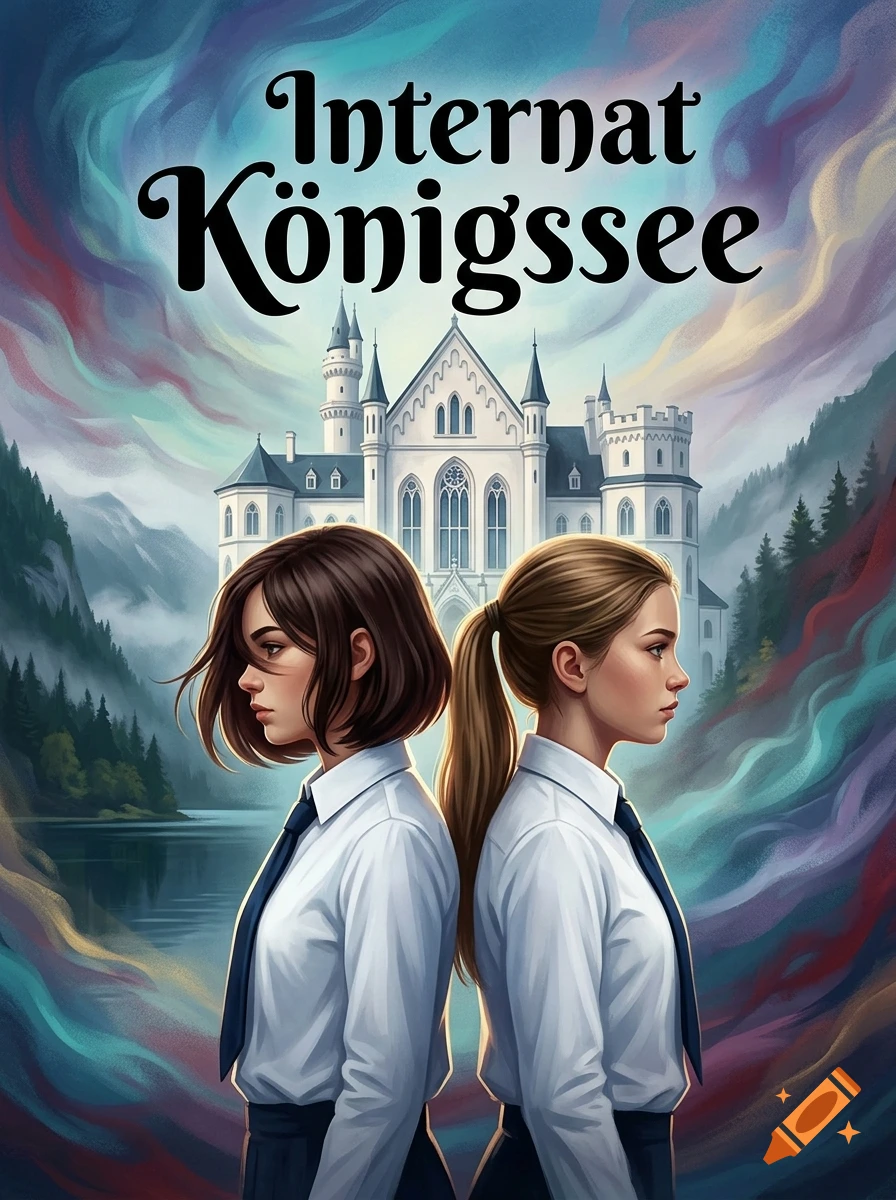 Book cover illustration of two girls back to back with a white castle and colorful swirling background.