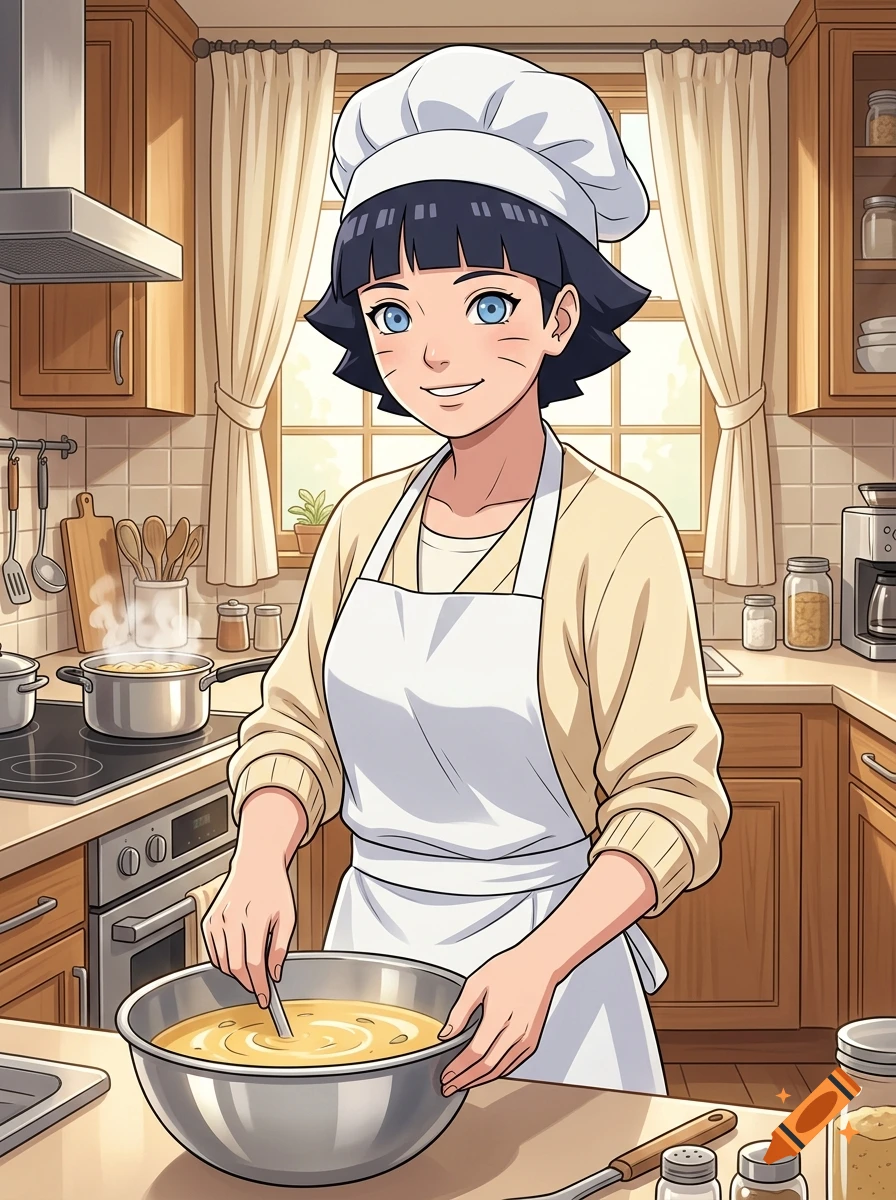 Anime illustration of a young woman with dark hair and a chef hat stirring a bowl of soup in a cozy kitchen.
