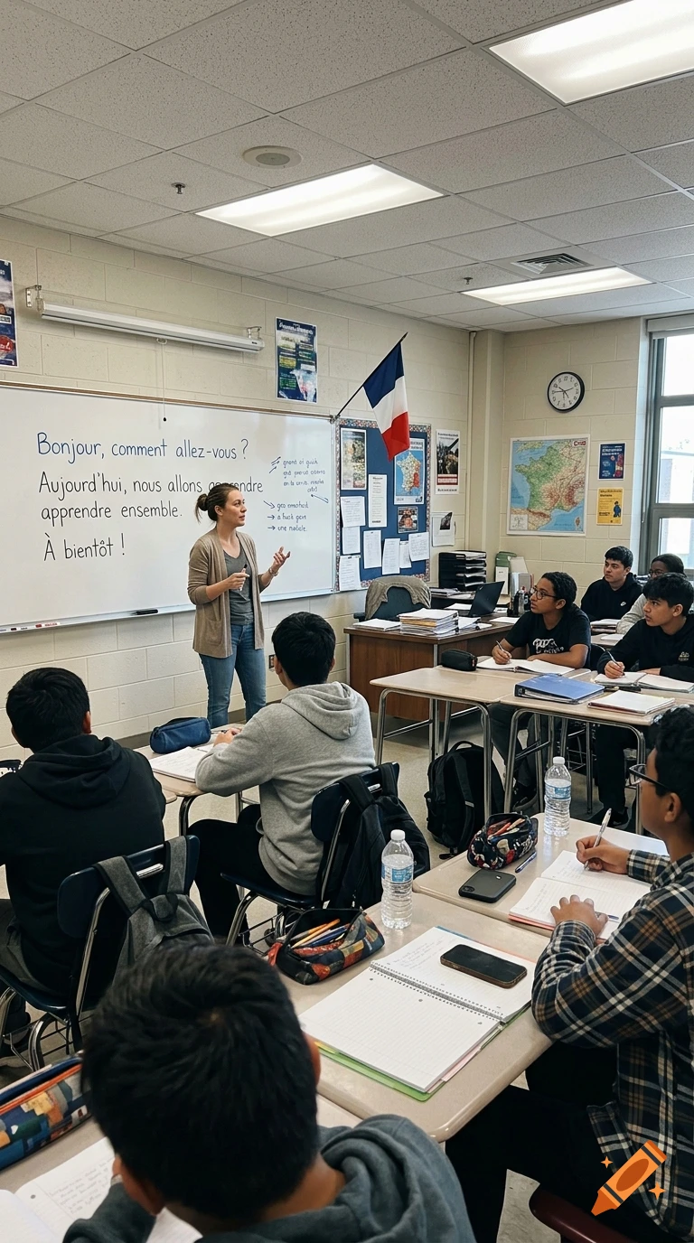 Photorealistic image of a female teacher in front of a white board with French writing, teaching a class of students.