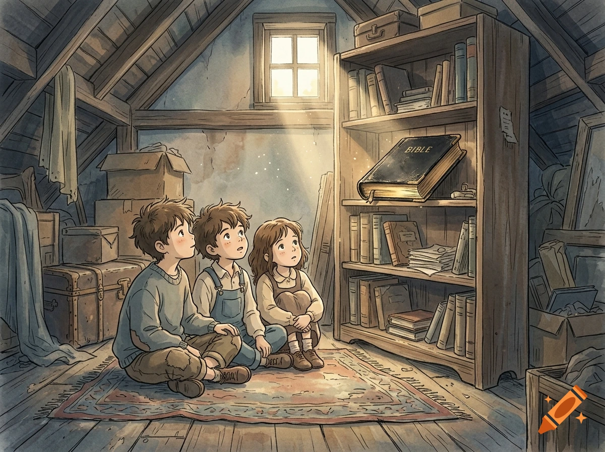 Three children sitting on an attic floor looking up at a glowing book on a wooden bookshelf in Miyazaki anime style.