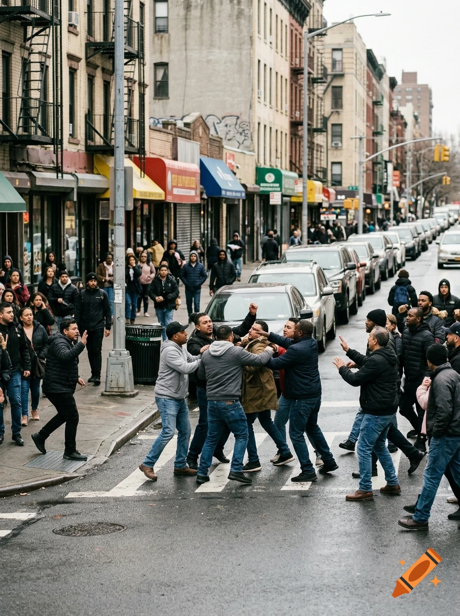 Photorealistic street scene in New York City with a group of people arguing and fighting in the middle of a crosswalk.
