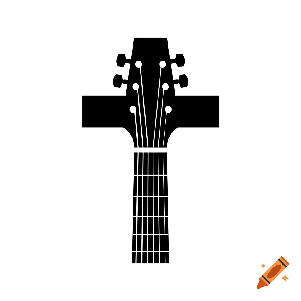 Minimalist black silhouette of a Christian cross merging into a guitar fretboard and headstock on a white background.