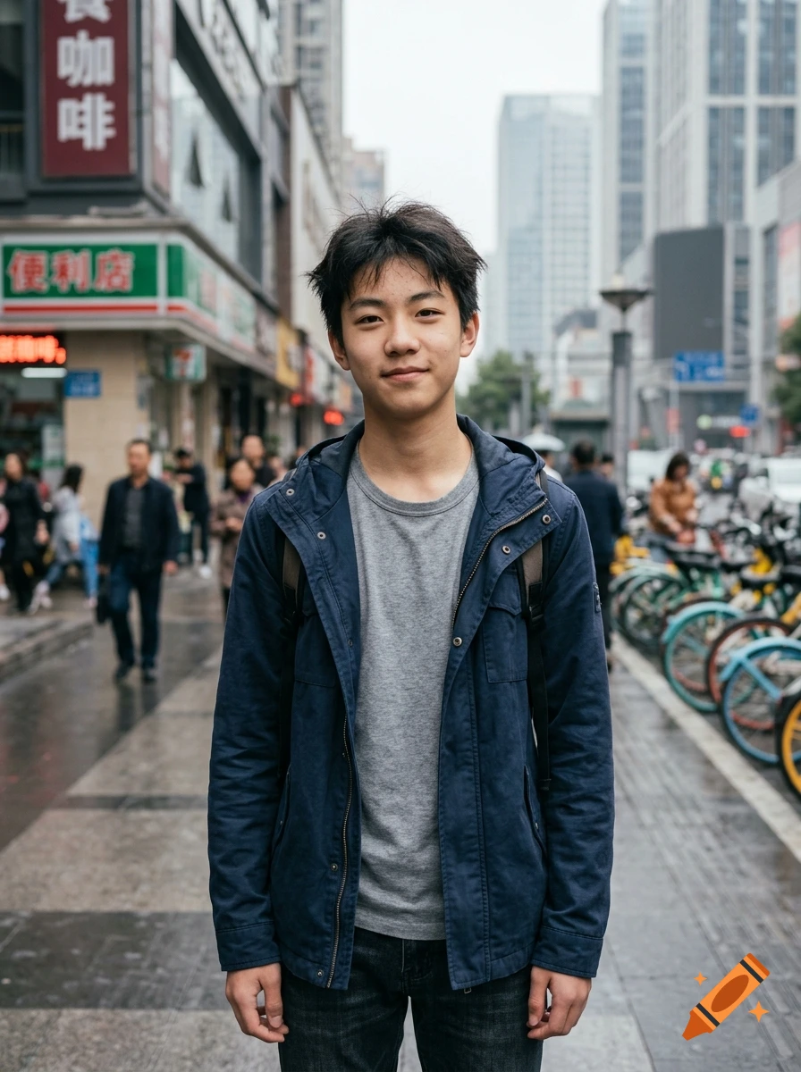 A young man standing on a busy city street in front of storefronts and parked bicycles.