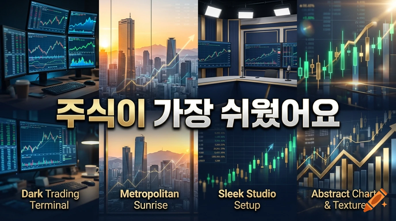 A YouTube banner collage featuring stock market charts, financial trading terminals, and a metropolitan sunrise skyline with Korean text.