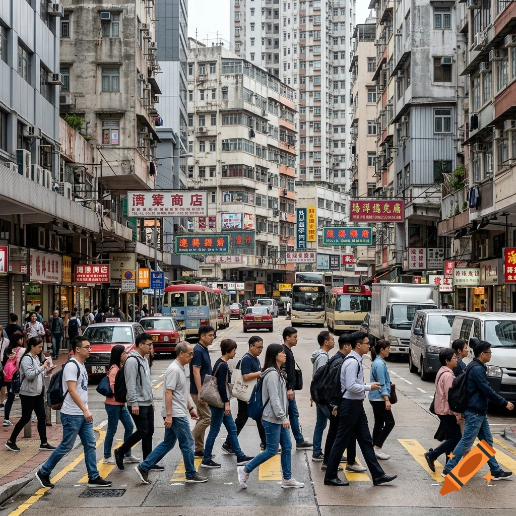 People walking across a busy city street in Hong Kong with tall buildings and storefront signs.