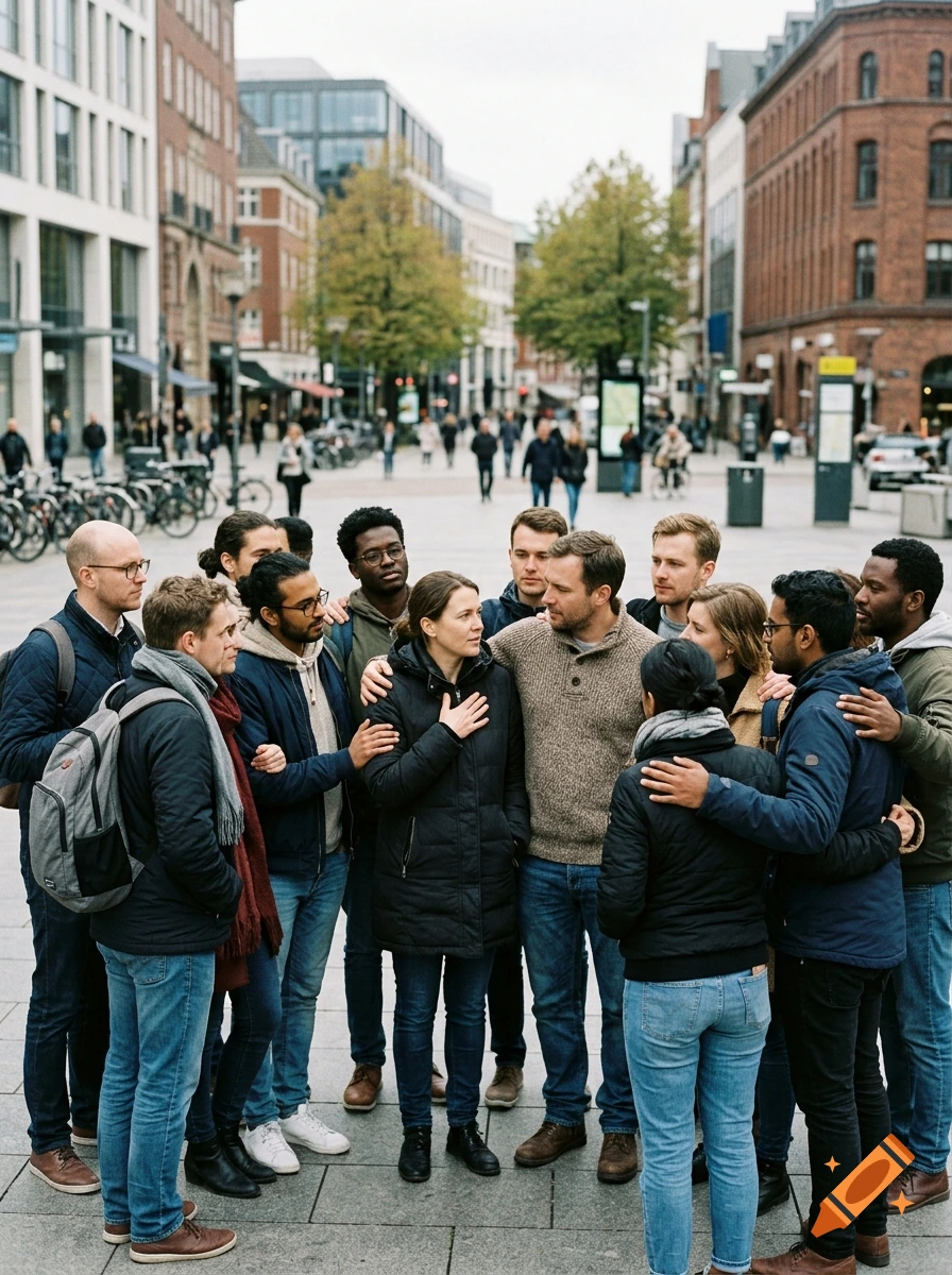 A diverse group of people standing together in a circle in a European city square, showing solidarity and support.