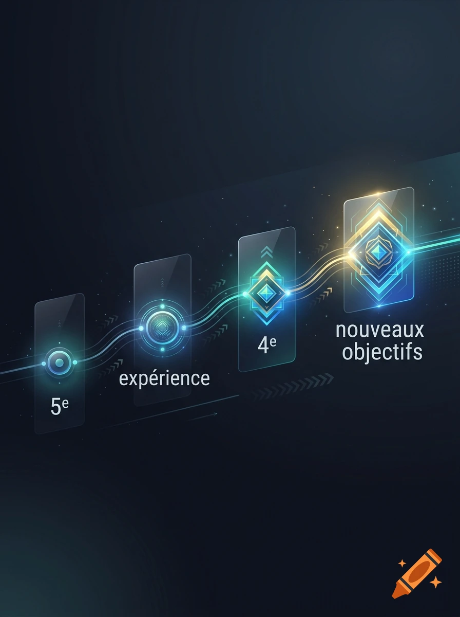 Futuristic timeline interface with glowing nodes, holographic cards, and French text labels on a dark background.