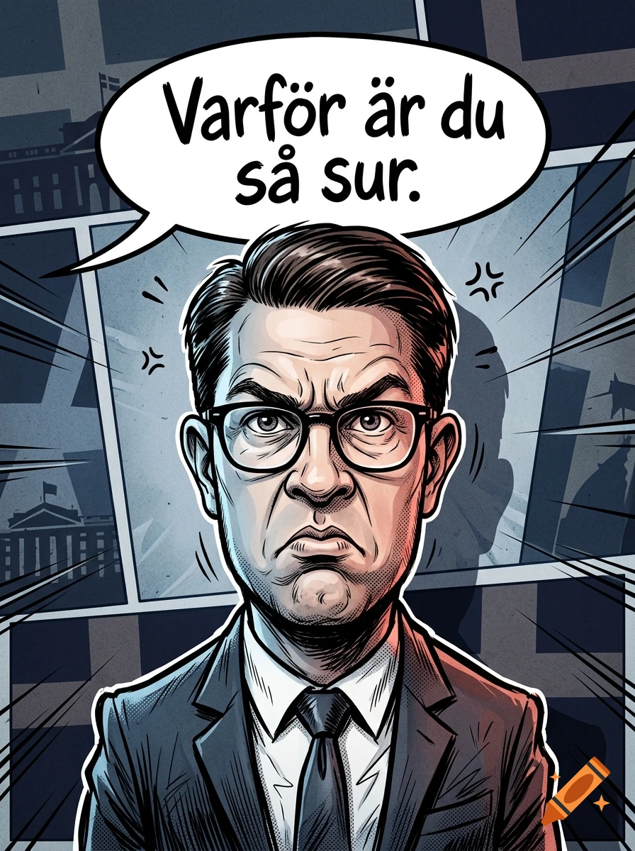 Comic style illustration of a grumpily expressioned man in a suit with a speech bubble saying Varfor är du så sur.