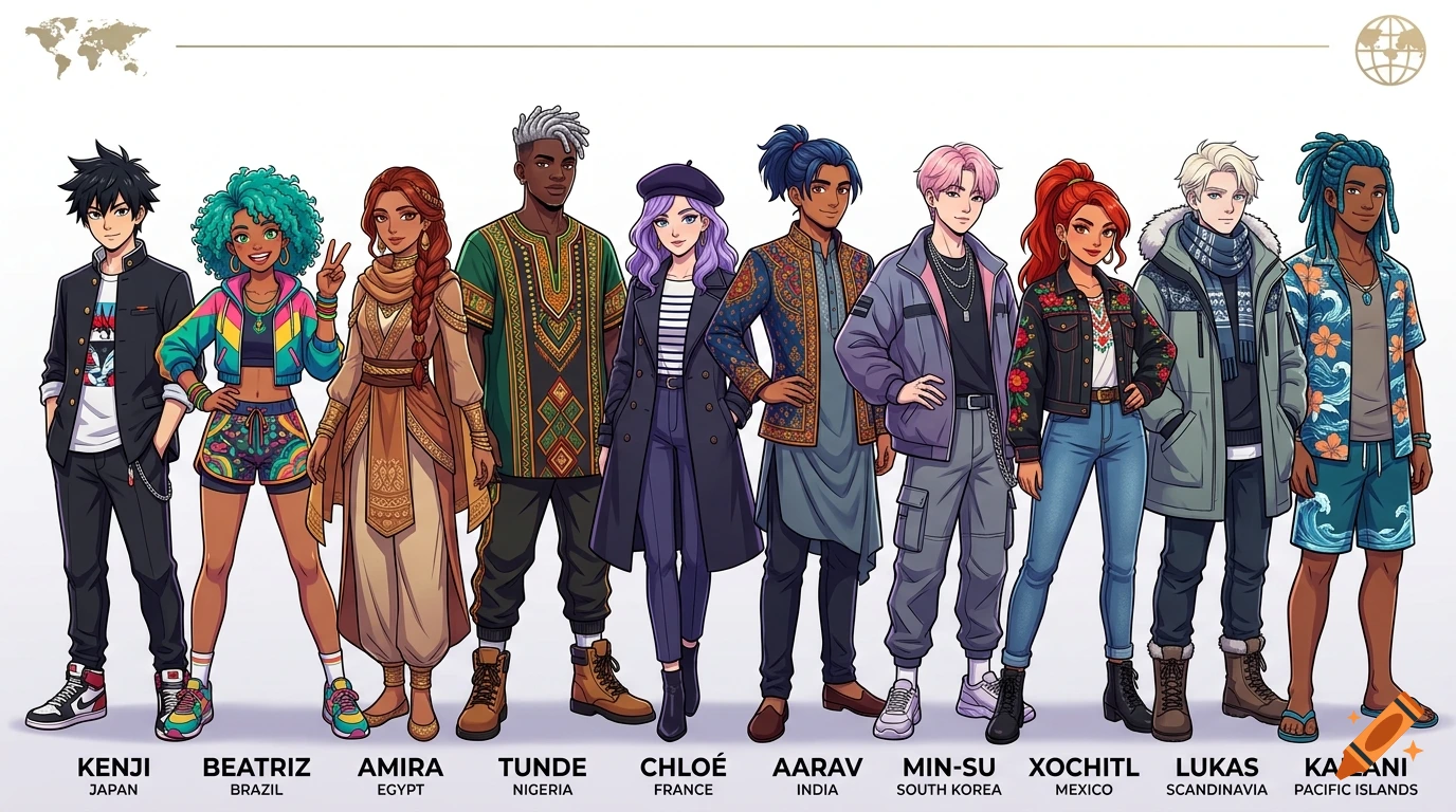 An illustrated lineup of ten diverse fictional characters from different regions of the world, each with distinct clothing and styles, labeled with names and locations.