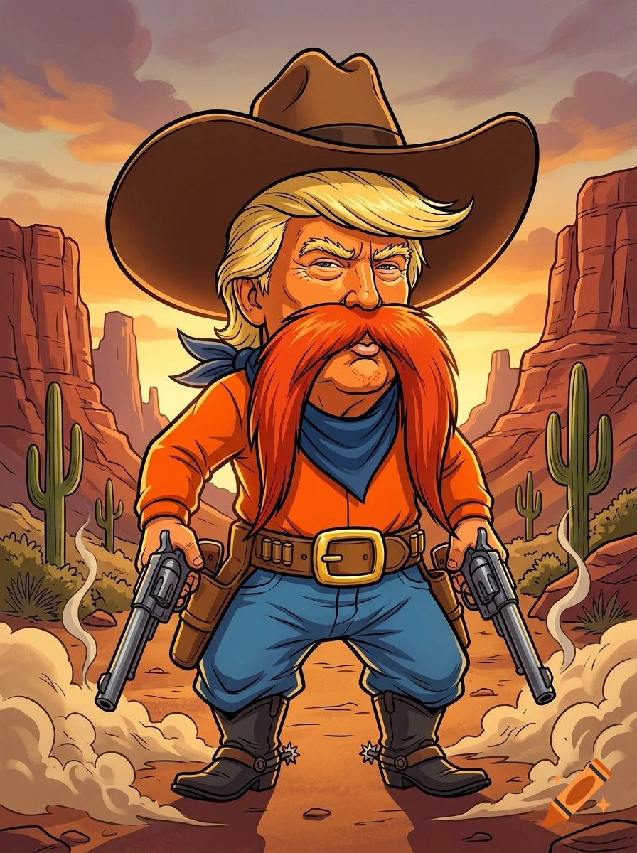 Cartoon caricature of Donald Trump as Yosemite Sam in a western desert landscape, holding two revolvers.