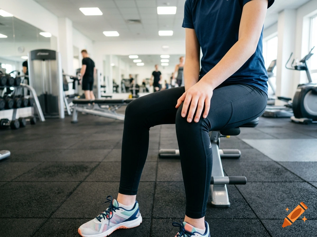 First-person view of a person in sportswear sitting on a bench in a gym.