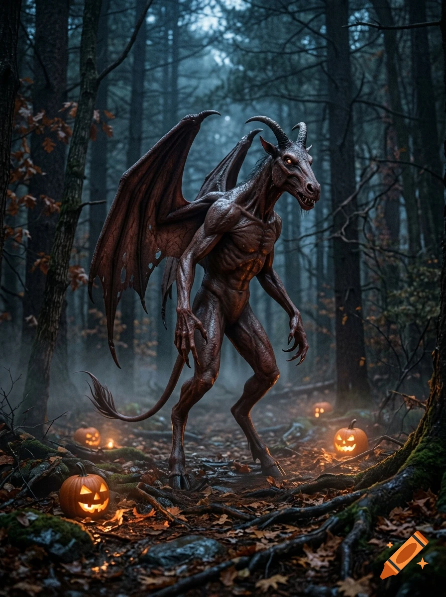 Photorealistic depiction of the Jersey devil standing in a misty, dark forest surrounded by glowing jack-o'-lanterns.