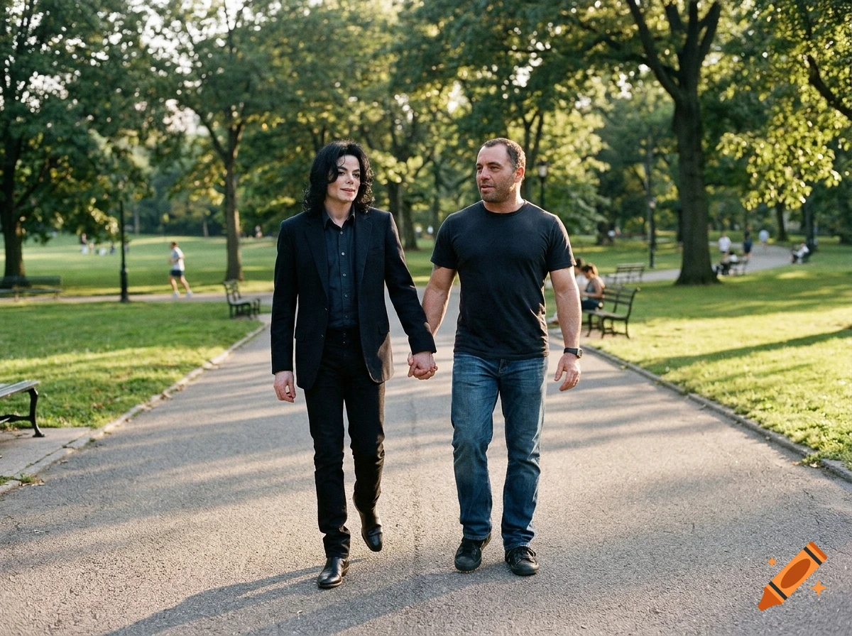 Two men holding hands while walking down a paved pathway in a park.
