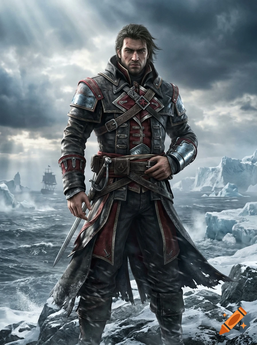 A man in historical captain attire with a sword stands on a snowy shore with icebergs and a ship in the background.