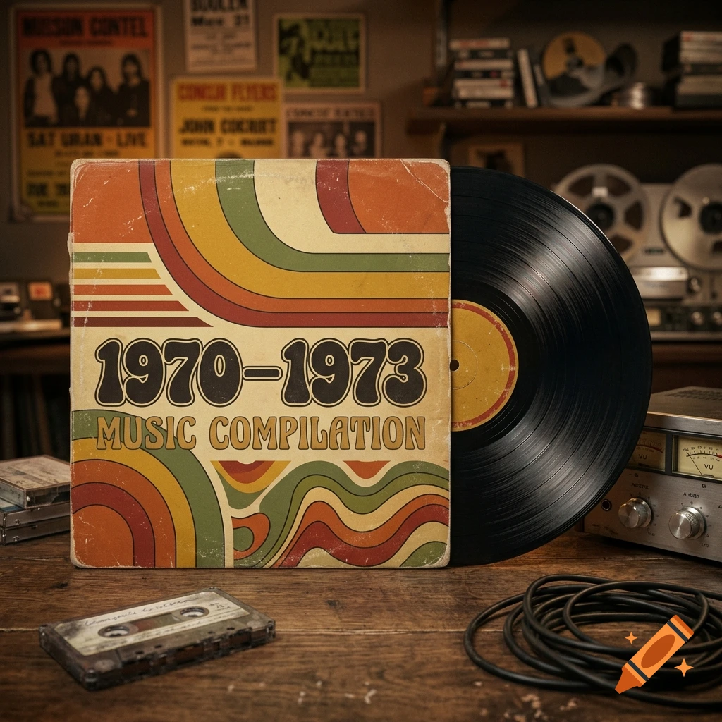 Vintage 1970-1973 music compilation vinyl record album cover with abstract retro colorful waves on a wooden table.