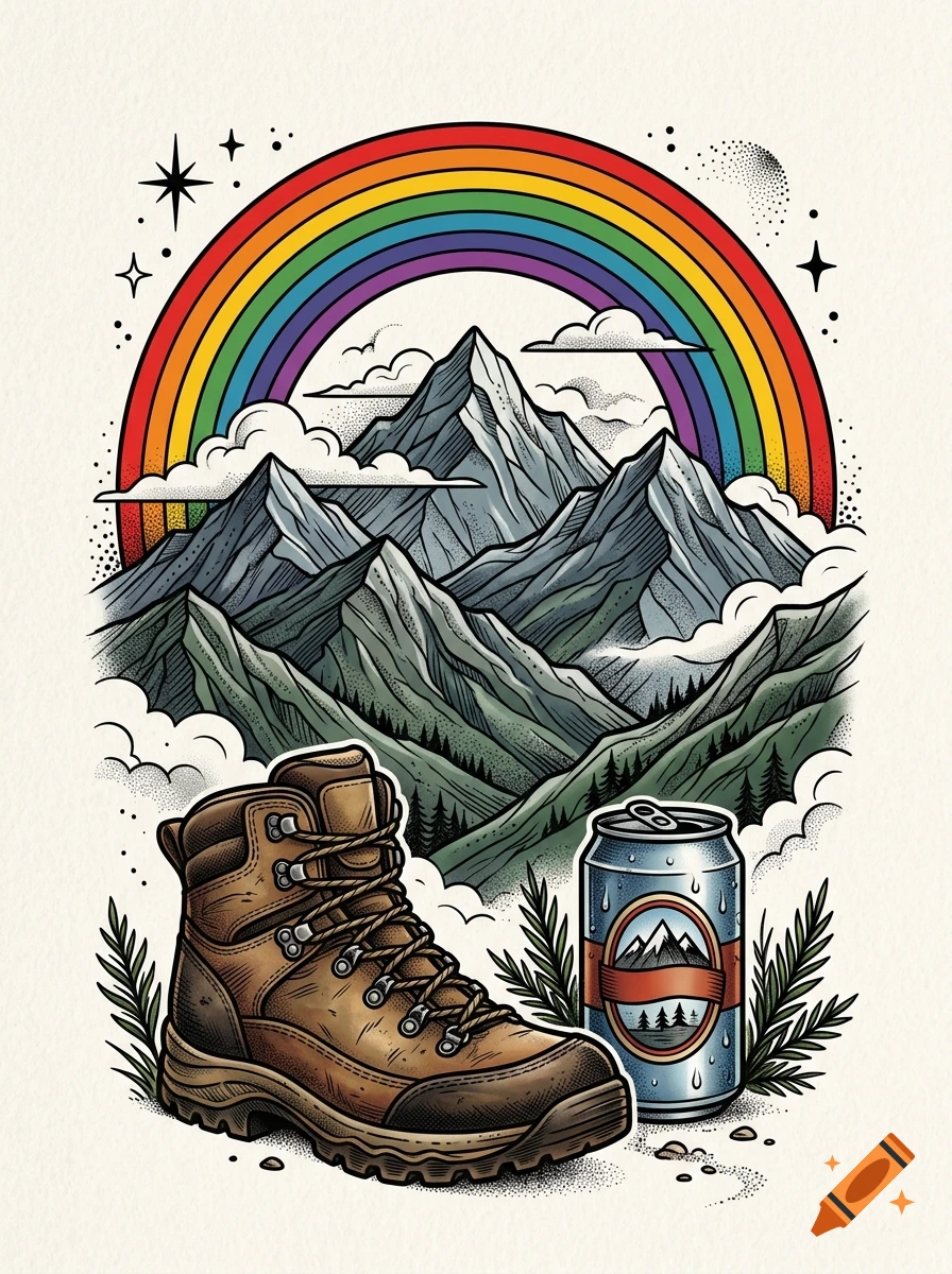 An illustrated hiking boot and a beverage can set against a backdrop of mountains, clouds, and a rainbow, rendered in an ink and pencil style.