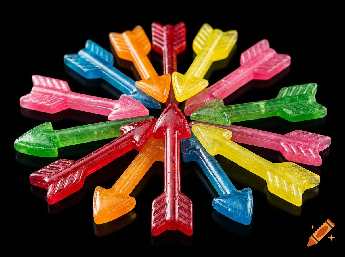 Colorful gummy candy arrows arranged in a circle on a black reflective background, photorealistic.