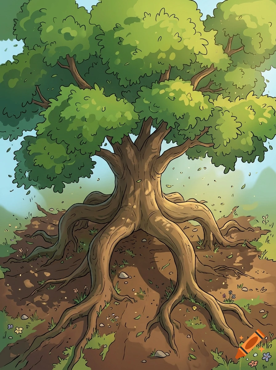 2D animated style illustration of a large tree with thick roots extending above the ground.