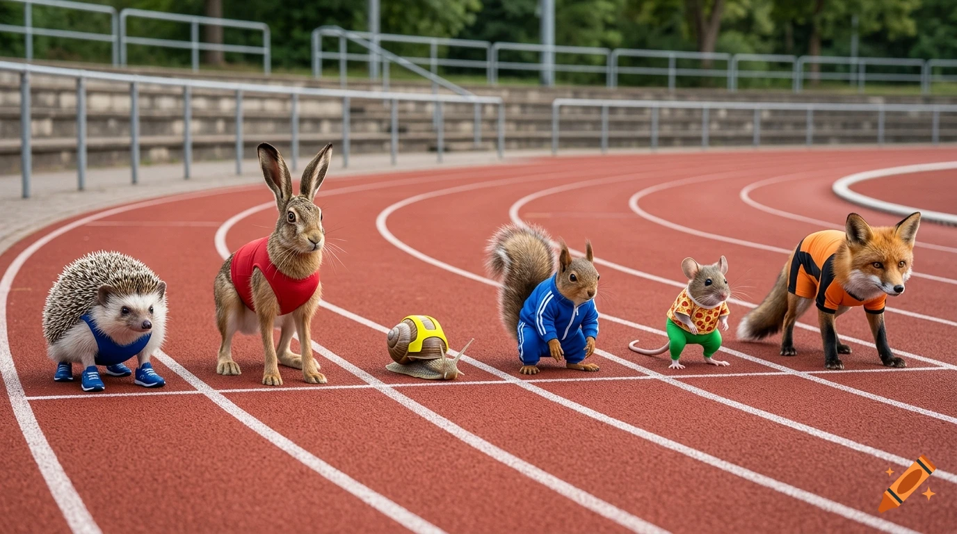 Photorealistic image of a hedgehog, hare, snail, squirrel, mouse, and fox lined up on a running track wearing sportswear.