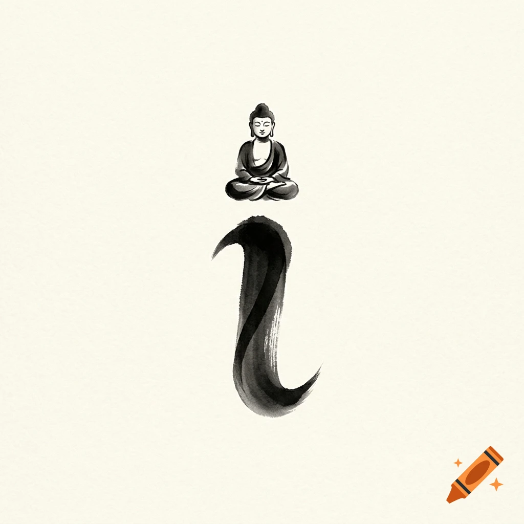 Minimalist Chinese calligraphy ink wash painting of the letter i, where the dot is a meditating Buddha and the stem is a flowing brush stroke.