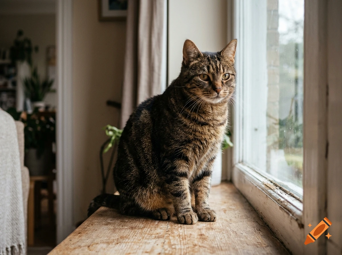 Photorealistic tabby cat sitting on a wooden windowsill indoors, looking towards the window.