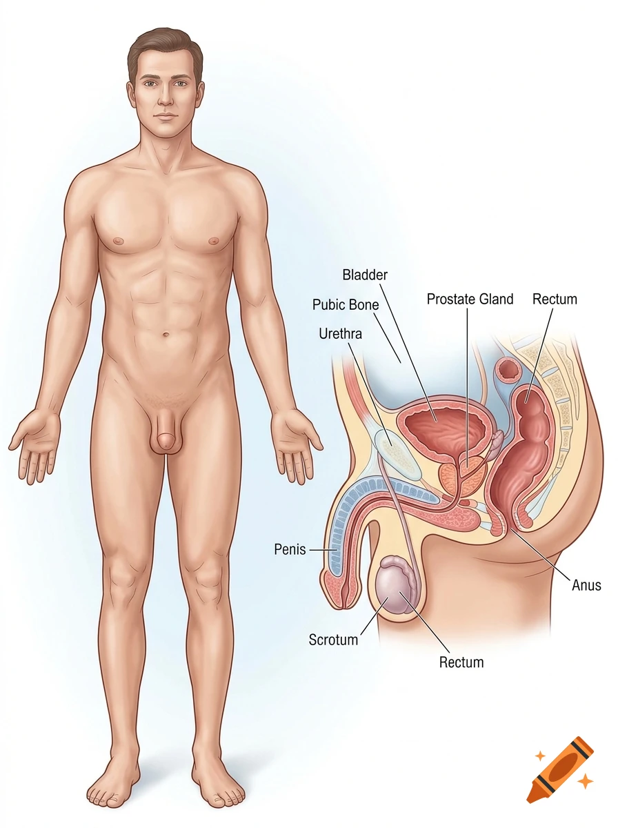 Medical illustration showing the full body anatomy of a man alongside a detailed cross-section diagram of the male reproductive system with labels.