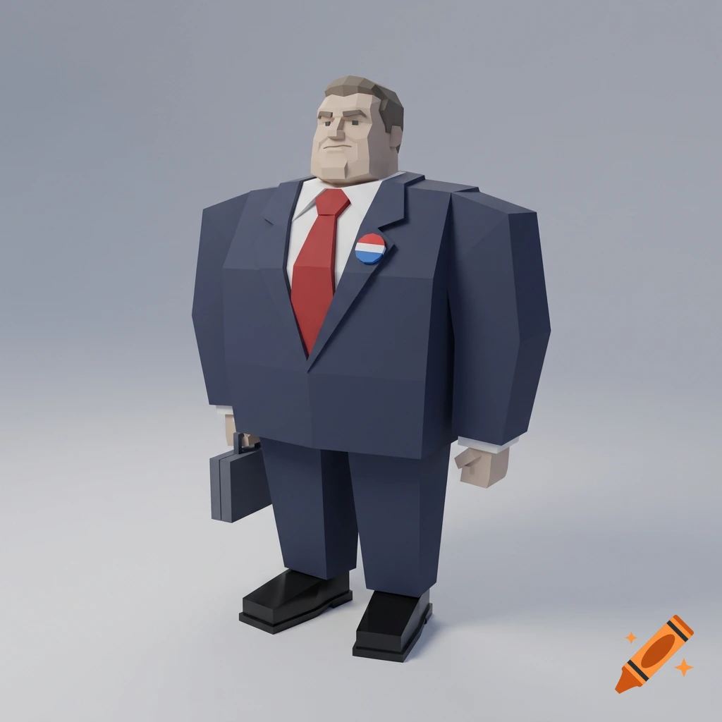Low-poly 3D render of a politician in a blue suit with a red tie and briefcase, standing against a grey background.