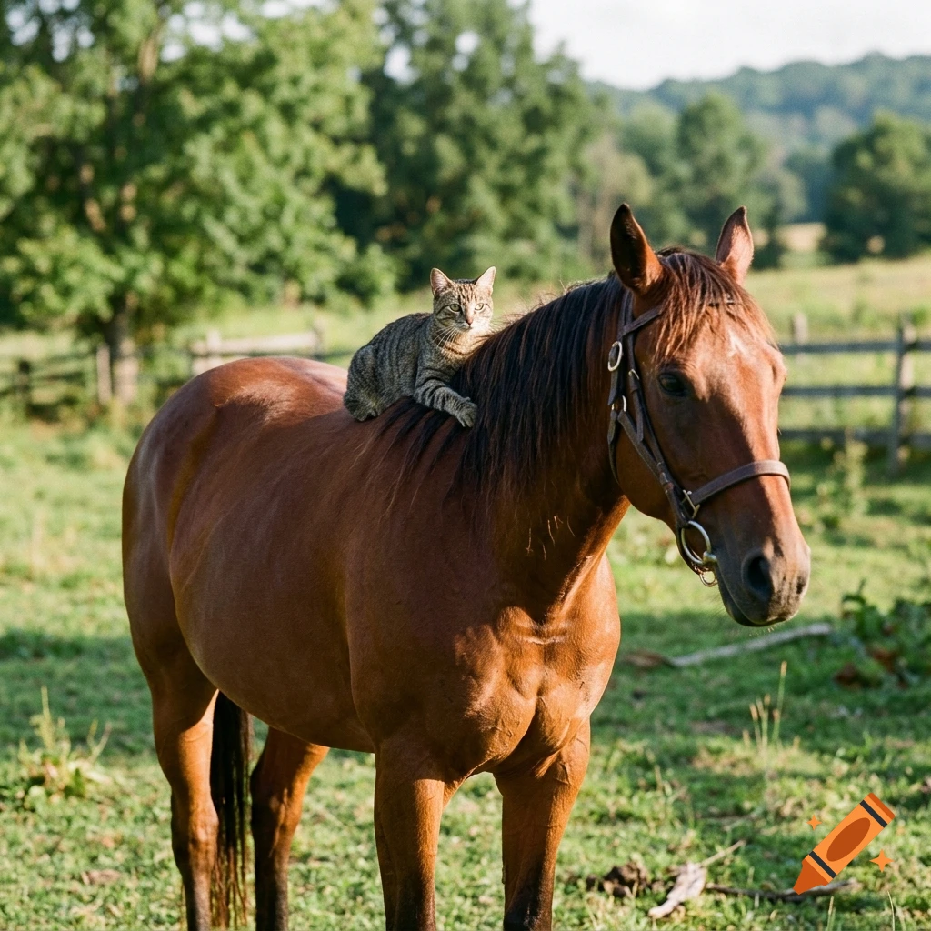 A tabby cat sitting on the back of a brown horse in a sunny field.
