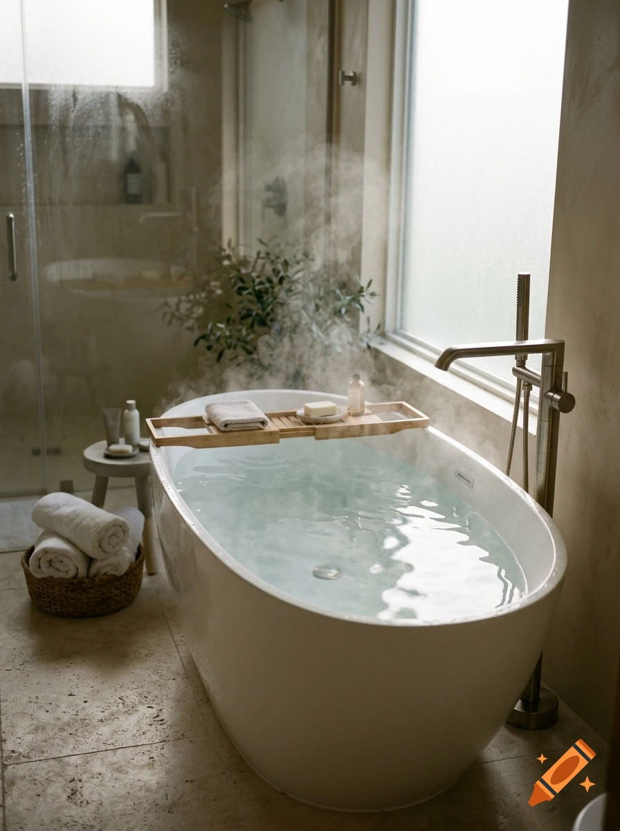 A photorealistic shot of a steaming bathtub filled with hot water, with a wooden caddy holding a towel and soap, in a modern bathroom.