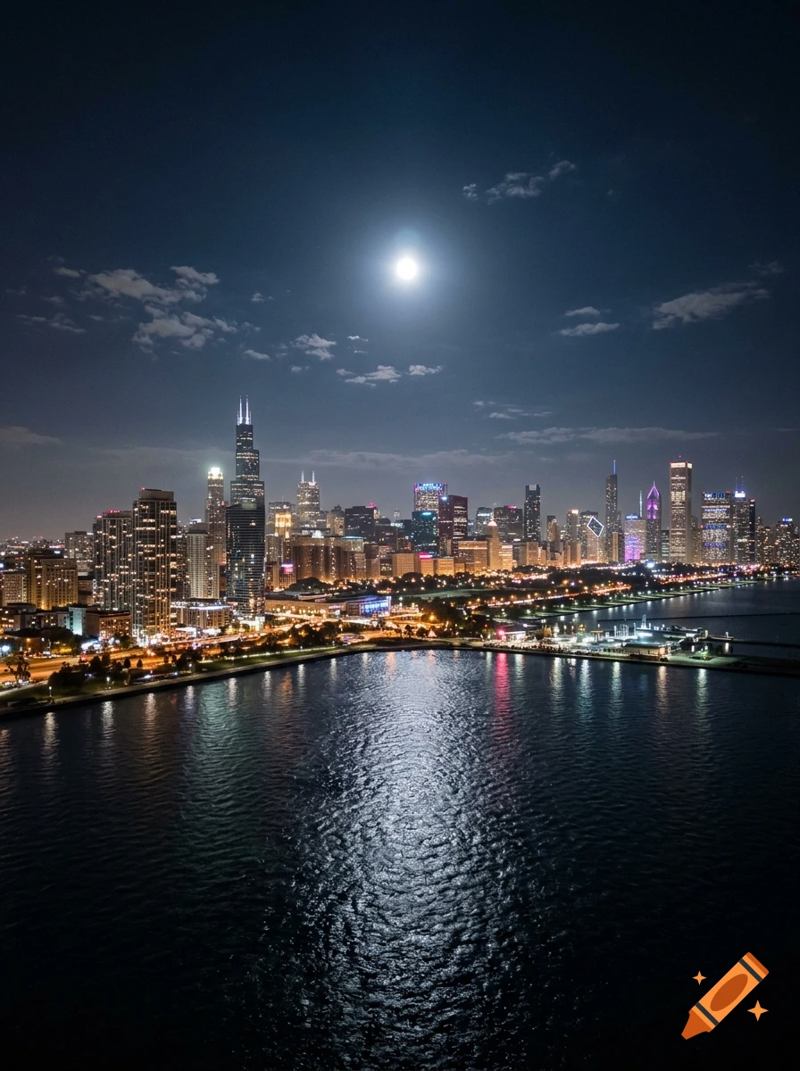 Aerial view of the Chicago skyline at night with the full moon shining over the water.