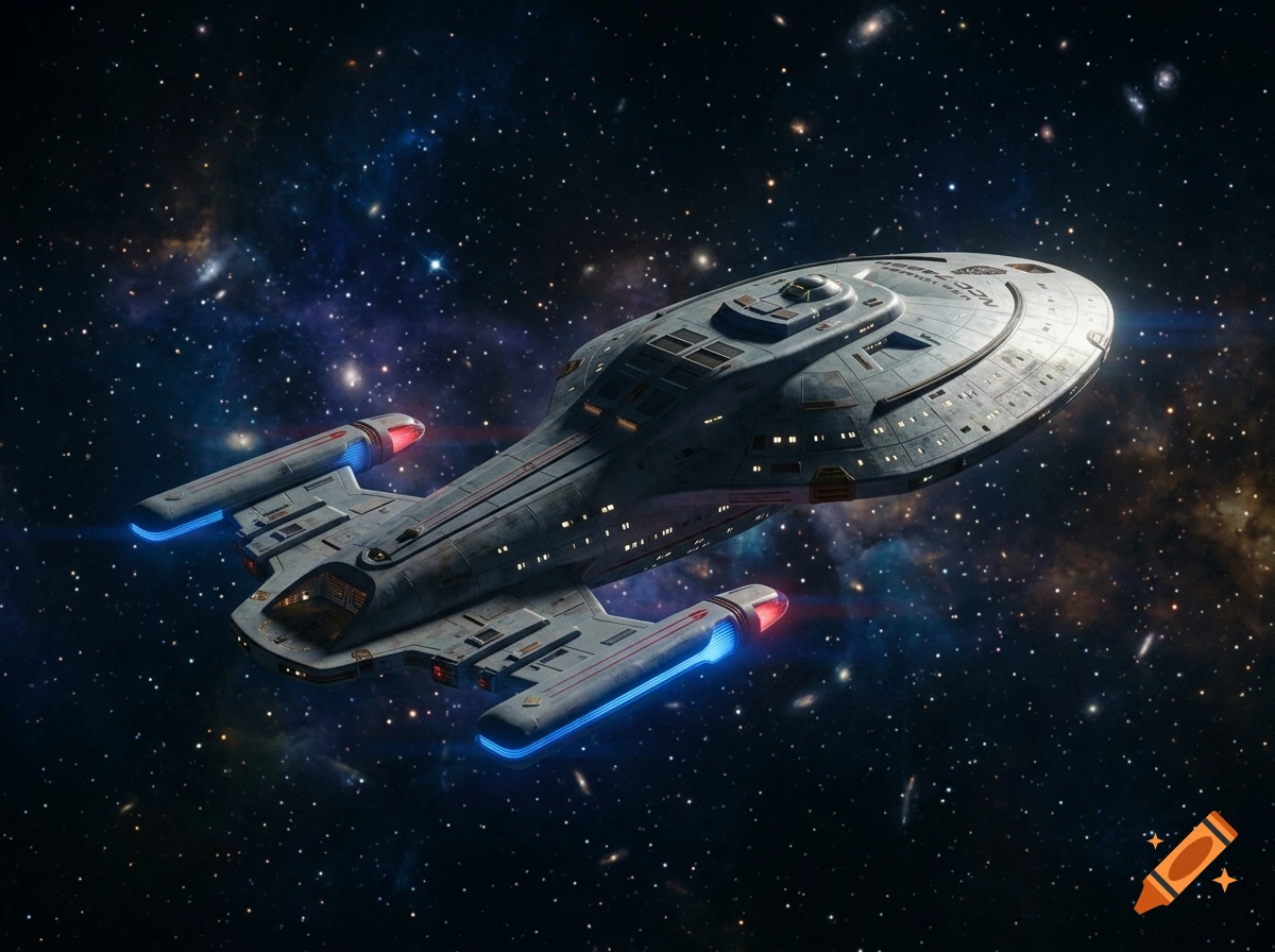 Photorealistic image of a Star Trek Voyager starship cruising through a starry nebula in deep space.