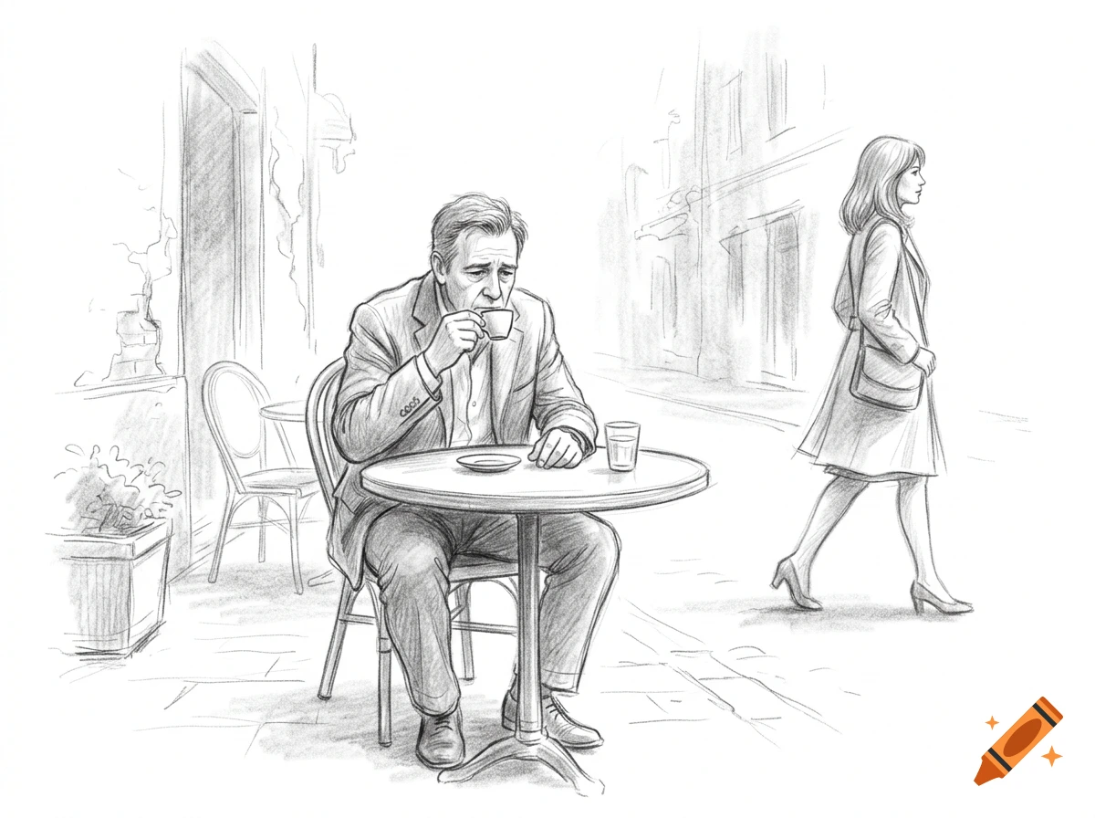 A pencil sketch of a man sitting at an outdoor cafe table, drinking from a small cup, while a woman walks by on the street.