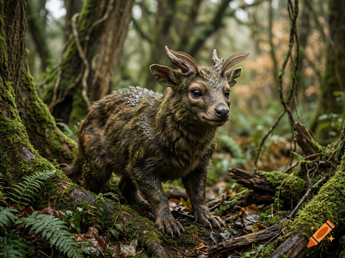 A fantasy creature resembling a furry, small-horned deer stands in a lush, mossy forest.