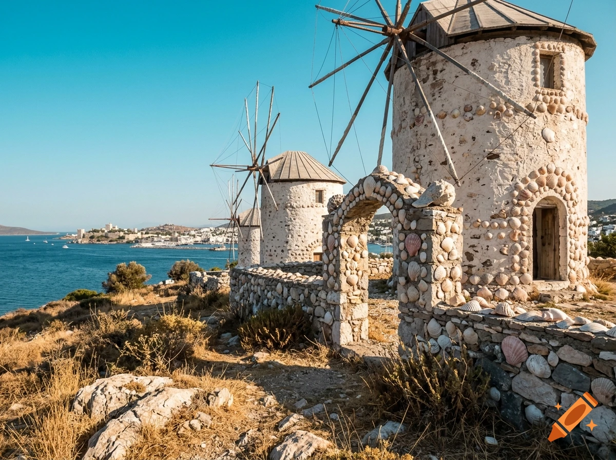 Photorealistic view of traditional white windmills decorated with seashells overlooking the sea in Bodrum.