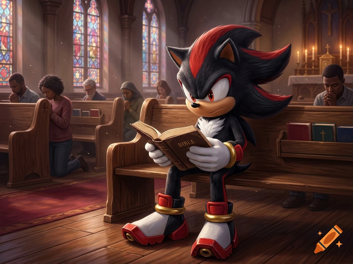 Shadow the Hedgehog sitting in a church pew reading a Bible, with people praying in the background.