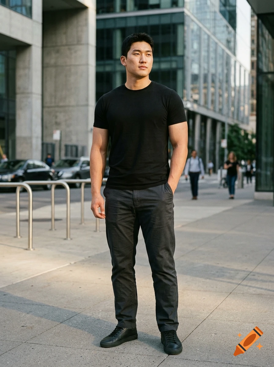 Photorealistic full-body portrait of a tall, muscular Asian man wearing a black t-shirt and grey pants on an urban street.