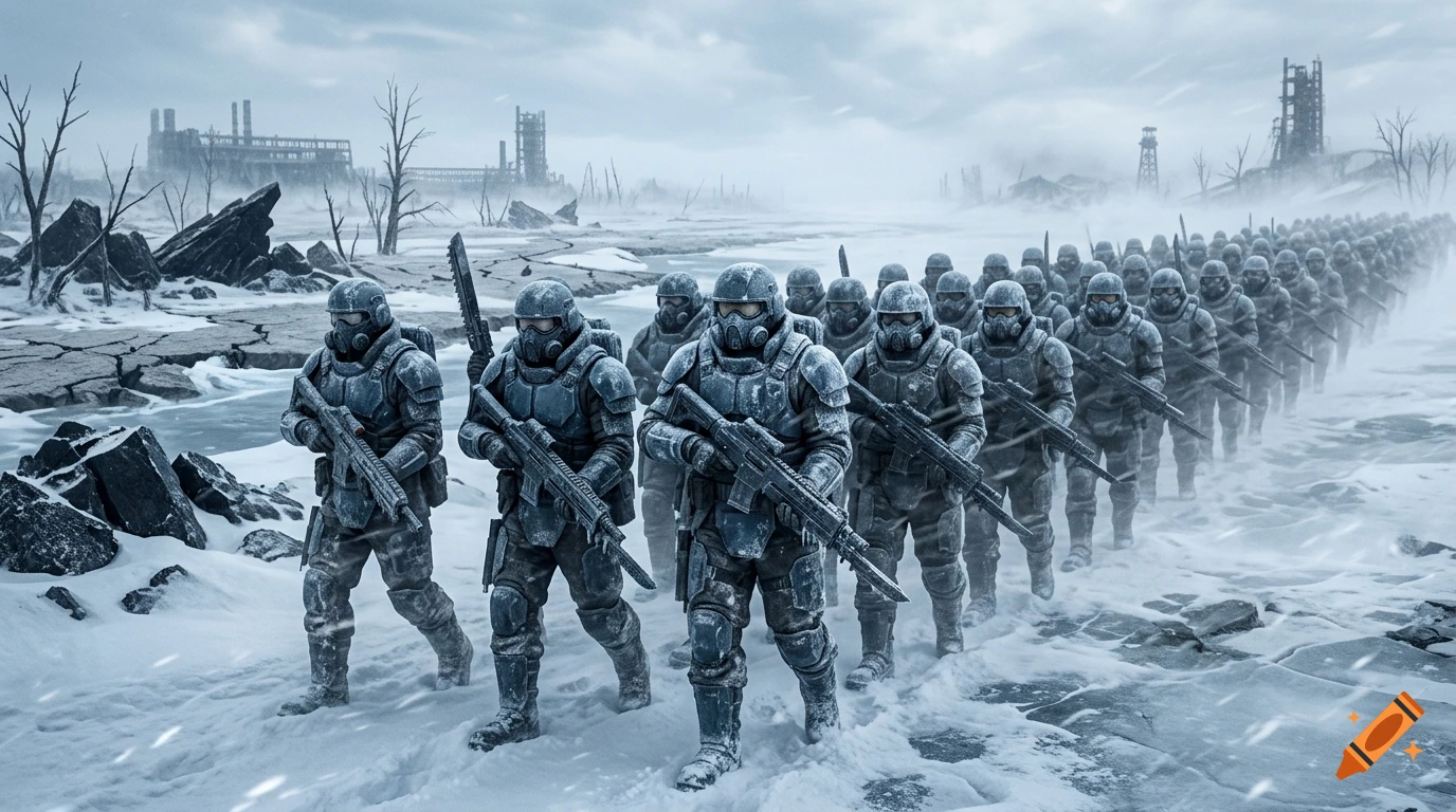 An icy legion of armored soldiers in gas masks marching through a snowy wasteland, photorealistic.