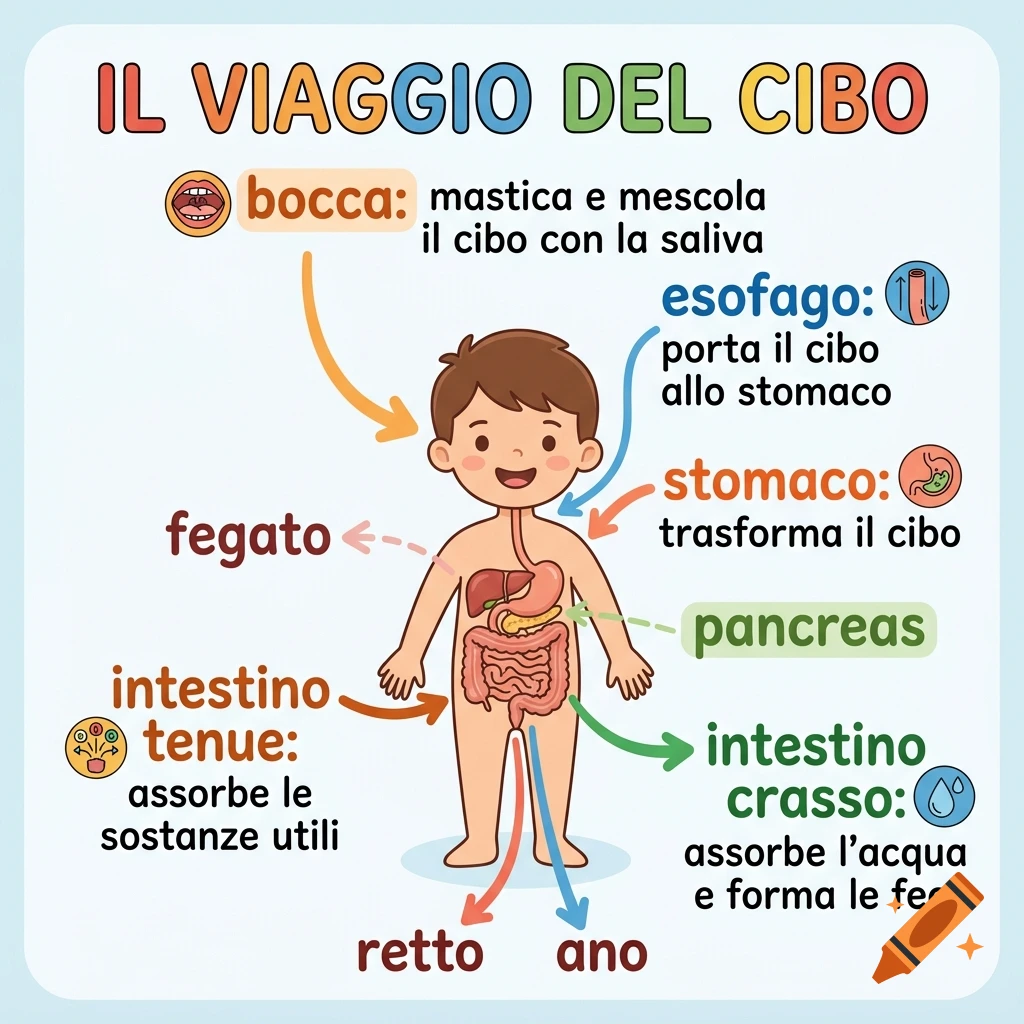 Educational cartoon infographic in Italian mapping the human digestive system with a central child character.