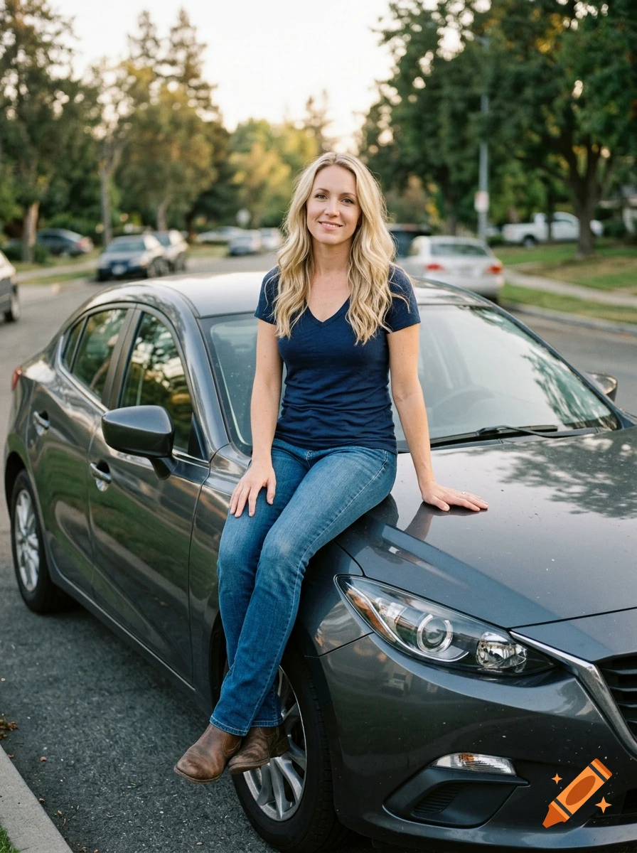 Photorealistic portrait of a blonde woman sitting on the hood of a gray car parked on a suburban street.