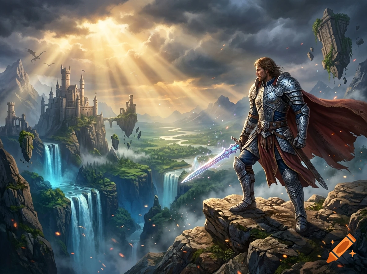 A fantasy knight in ornate armor and a red cape stands on a rocky cliff, holding a glowing sword and looking out over a majestic landscape with waterfalls, a castle, and floating islands under a dramatic cloudy sky with sunbeams.