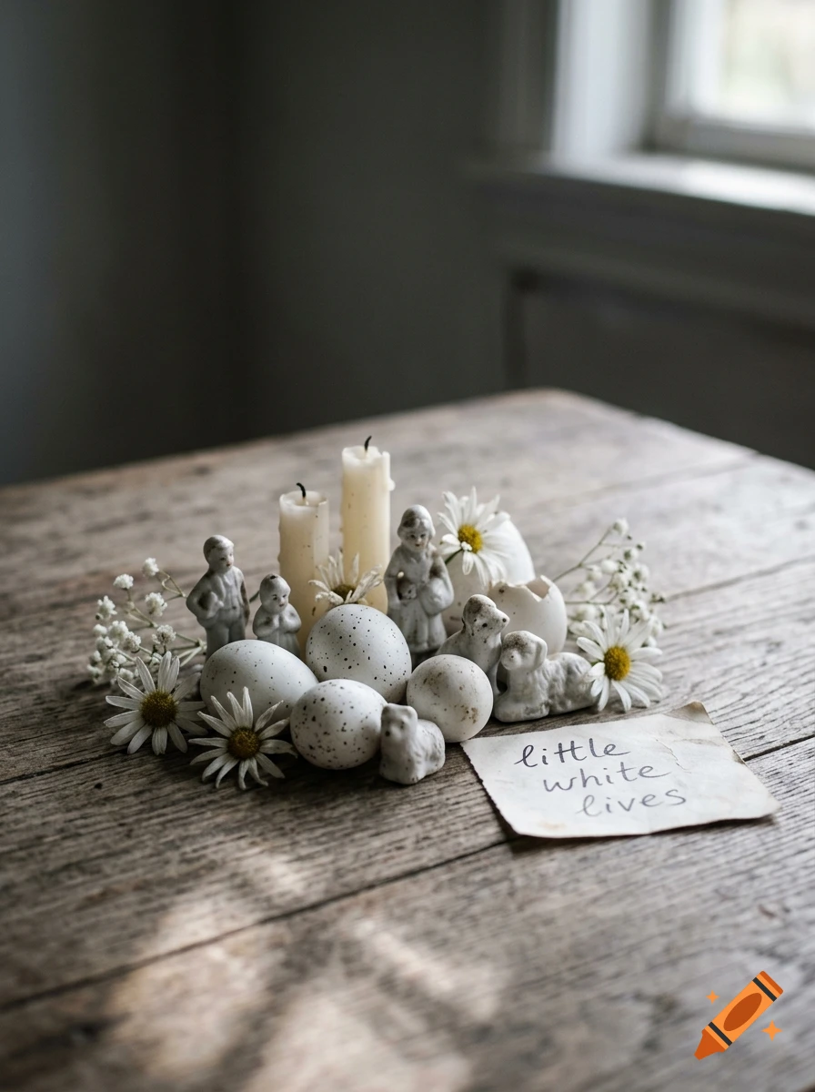 A rustic table arrangement features speckled eggs, small figurines, candles, and delicate white flowers next to a handwritten note.