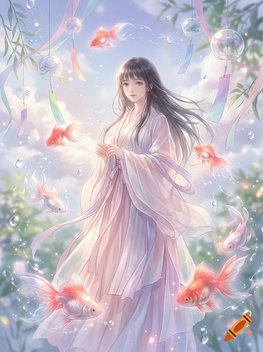 Digital anime style illustration of a young woman in a white and pink traditional dress, surrounded by glowing goldfish and wind chimes in a dreamy sky.