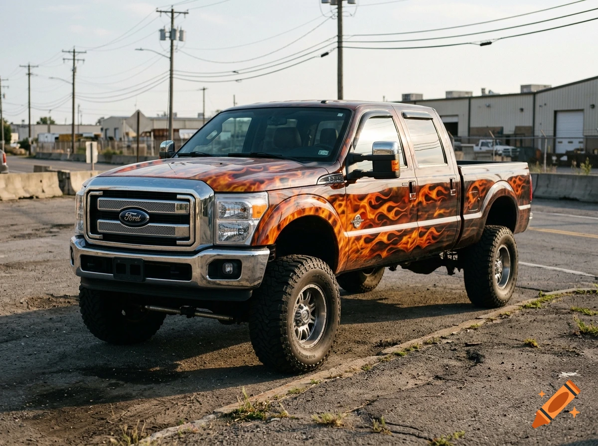 Photorealistic Ford F-250 pickup truck with custom flame paint job parked on a paved lot with power lines in the background.