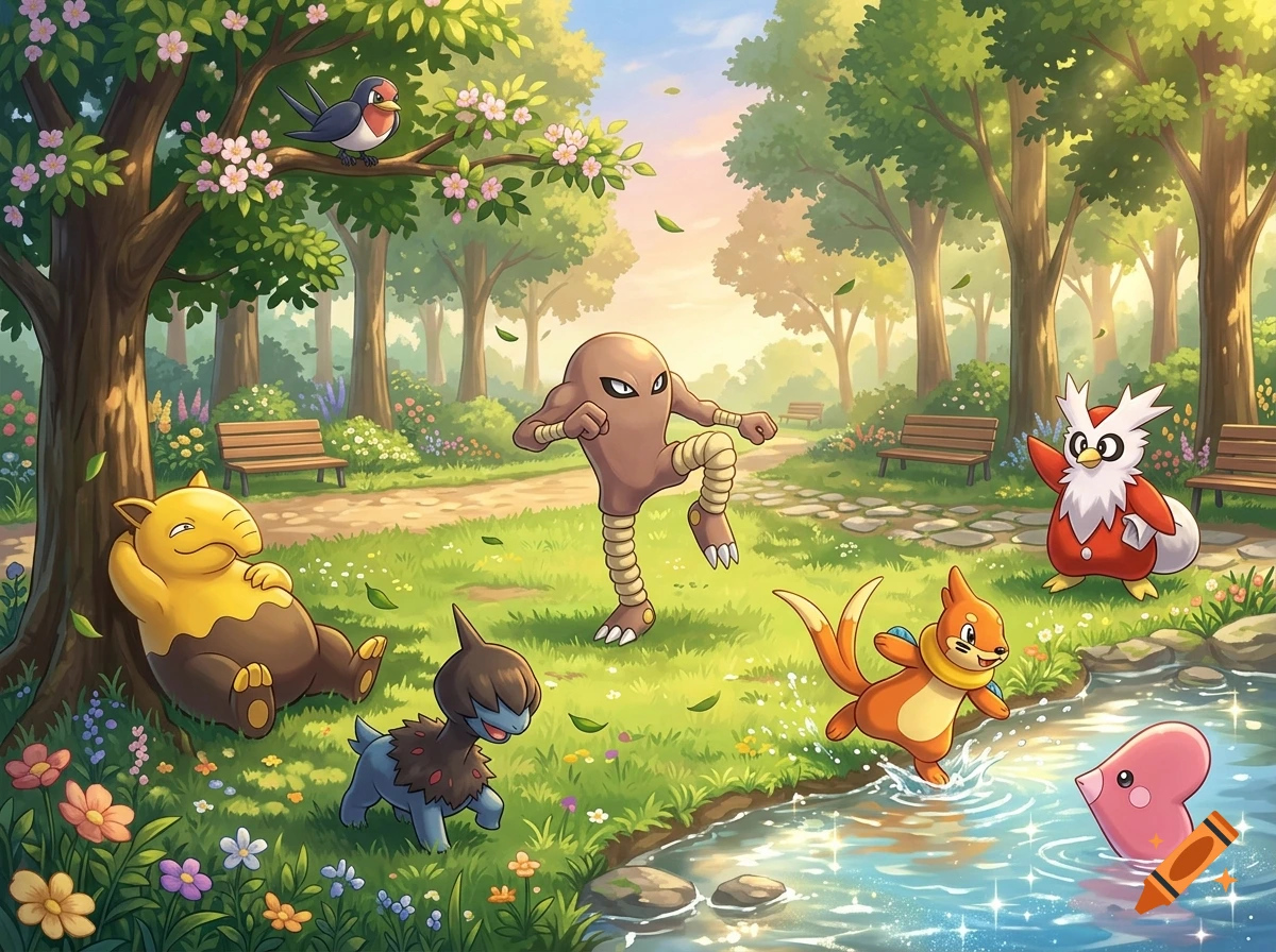 Various Pokémon including Hitmonlee, Taillow, Luvdisc, Delibird, Drowzee, Buizel, and Deino relaxing in a sunny park with trees and a pond, anime style illustration.
