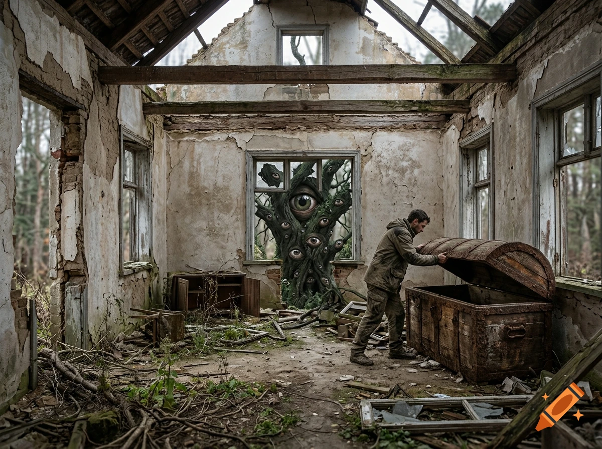 Photorealistic scene of a man opening a large wooden chest in a ruined, roofless house, looking out a window filled with a giant tree covered in numerous eyes.