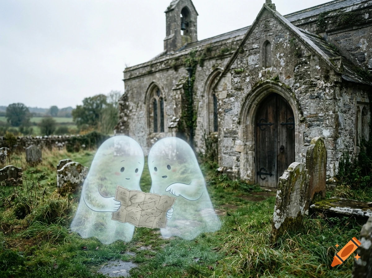 Two cute, translucent ghosts looking at a map in a graveyard next to a medieval stone church, photographic style.