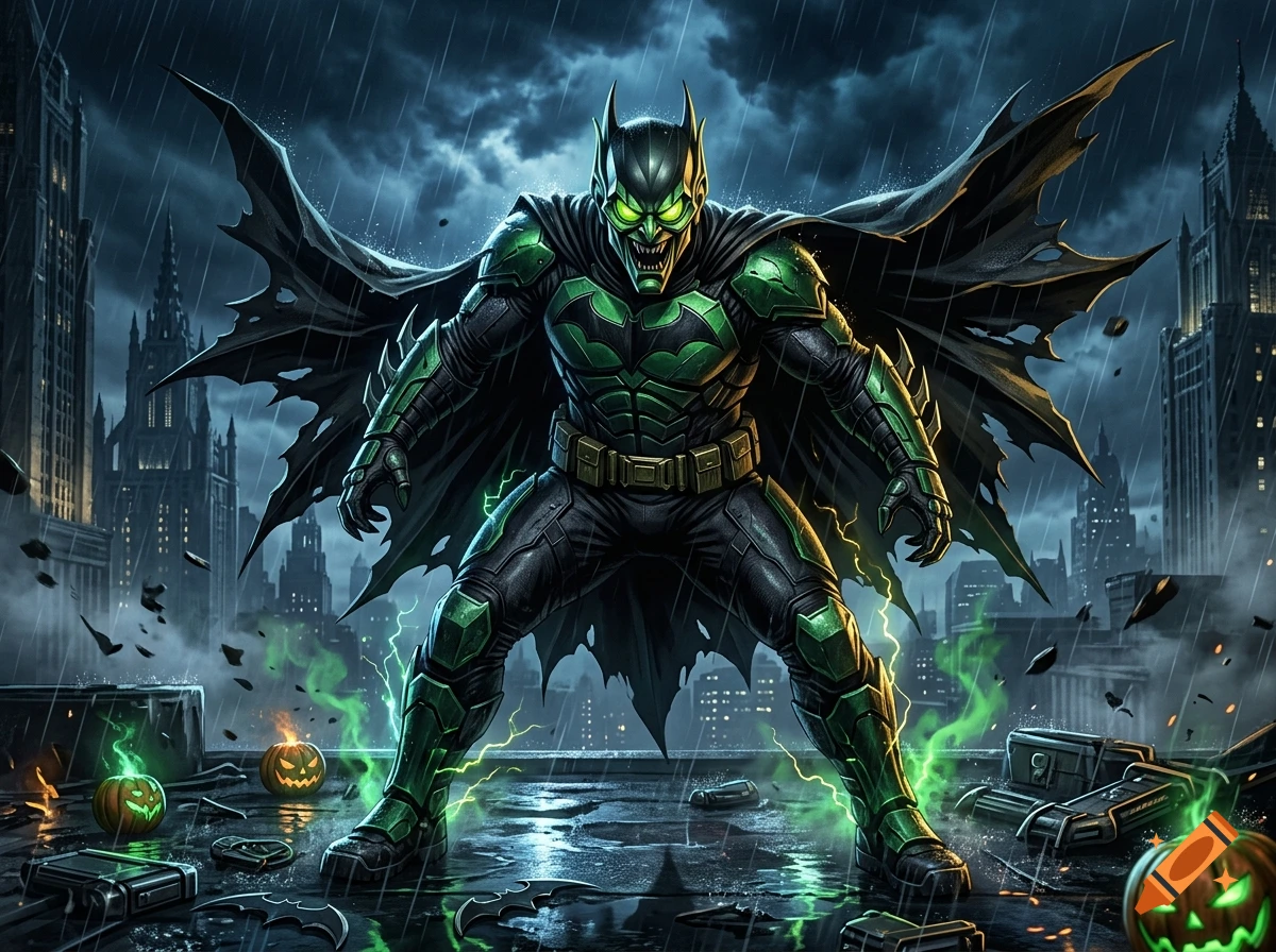 A hybrid superhero figure combining elements of Batman and Green Goblin, standing on a rainy rooftop with glowing pumpkins.
