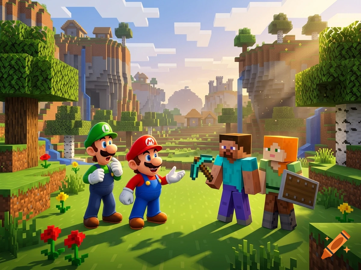 Mario and Luigi standing in a blocky Minecraft landscape with Steve and Alex, digital 3D style.