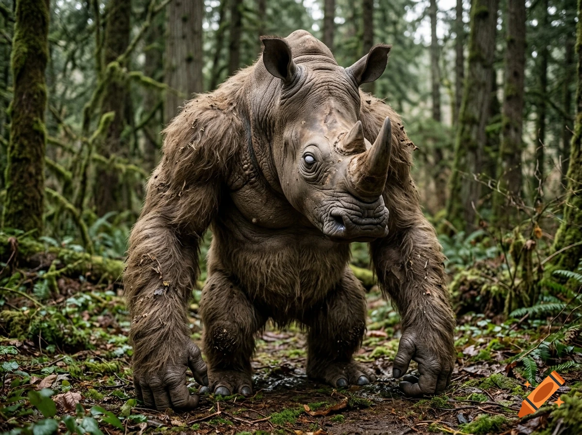 A large, furry creature with the head of a rhinoceros and the muscular body of an ape stands in a dense, mossy forest.