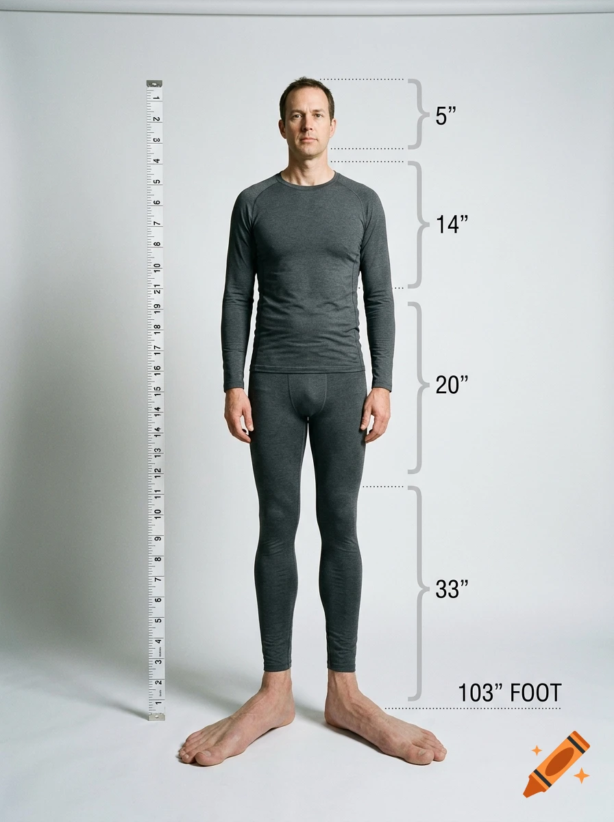 A man wearing gray long underwear stands against a white backdrop, next to a vertical measuring tape with graphical labels and measurements.